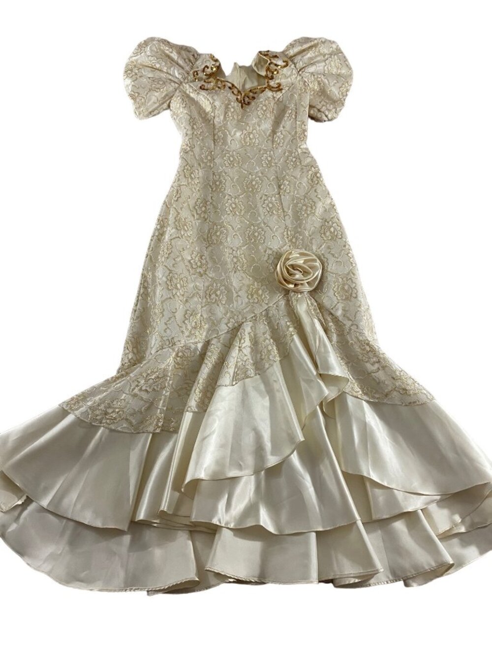 Vintage Mike Benet Formals Ivory Puff Sleeves Gown With Gold Trim - Small